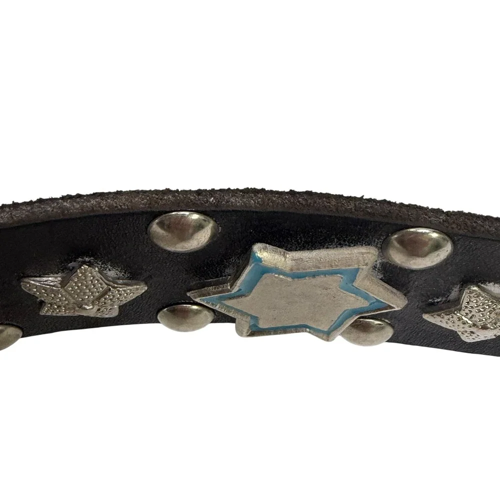 VTG Nomad  Y2K Black Leather Studded Star Belt Silver Enamel Punk Rock Grunge 85